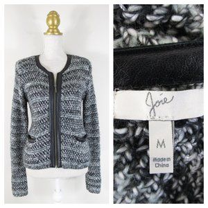 Joie Black Gray Jacolyn Leather Trim Knit Cardigan Sweater Jacket M